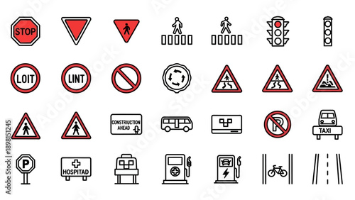 Collection of Various Road Signs and Symbols.