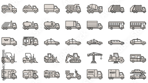 Collection of Various Vehicle Icons Outlined.
