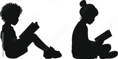 Children,reading,books,silhouette,kids,education,learning,literacy,study,knowledge,childhood,students,profile,black,isolated,white,background,vector,illustration,flat