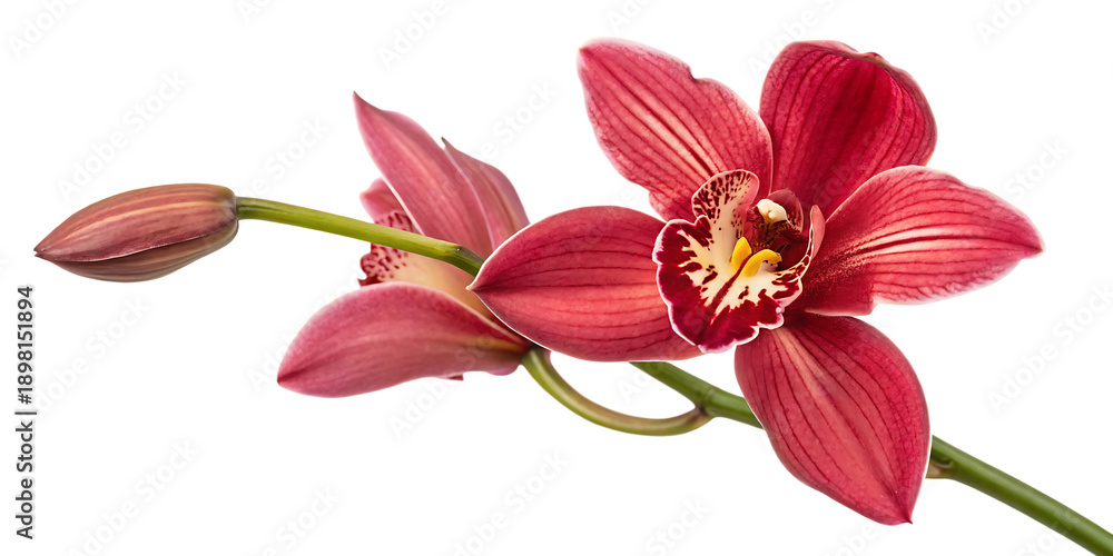Fototapeta premium Side view of a vibrant red orchid flower with bud on a slender green stem isolated on a transparent background