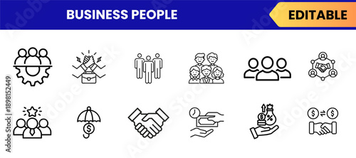 Corporate business people line icons teamwork leadership finance editable