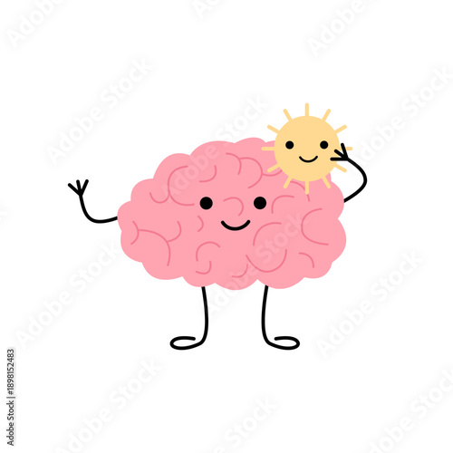 Brain character with happy sun on its head. Mental health and positive thinking concept. Vector illustration