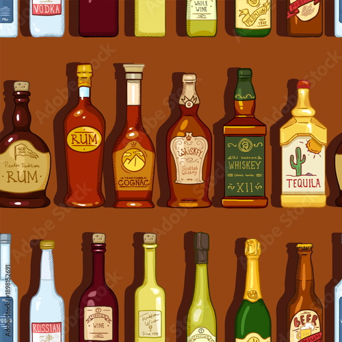 Seamless Pattern of Cartoon Alcohol Bottles