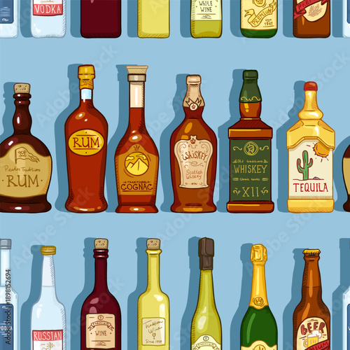 Seamless Pattern of Cartoon Alcohol Bottles