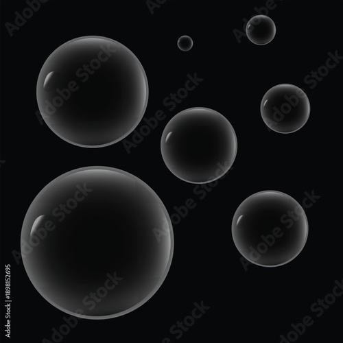 Abstract 3d render of transparent glass spheres and soap bubbles reflecting blue light as clean aqua drops on a clear liquid wallpaper backdrop
