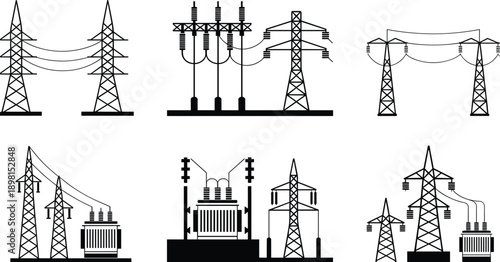Electric,power,transmission,tower,icon,set,high,voltage,lines,substation,transformer,energy,grid,infrastructure,utility,industrial,vector,illustration,isolated,flat
