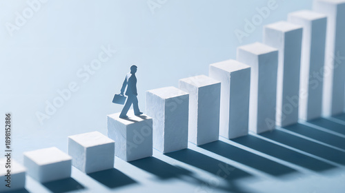 A 3d businessman walks a financial growth arrow up bar chart stairs as a symbol of business success and progress in this conceptual finance illustration