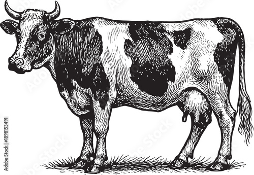 A cow is standing in a field. A cow is standing in a field. It has a white spot on its back