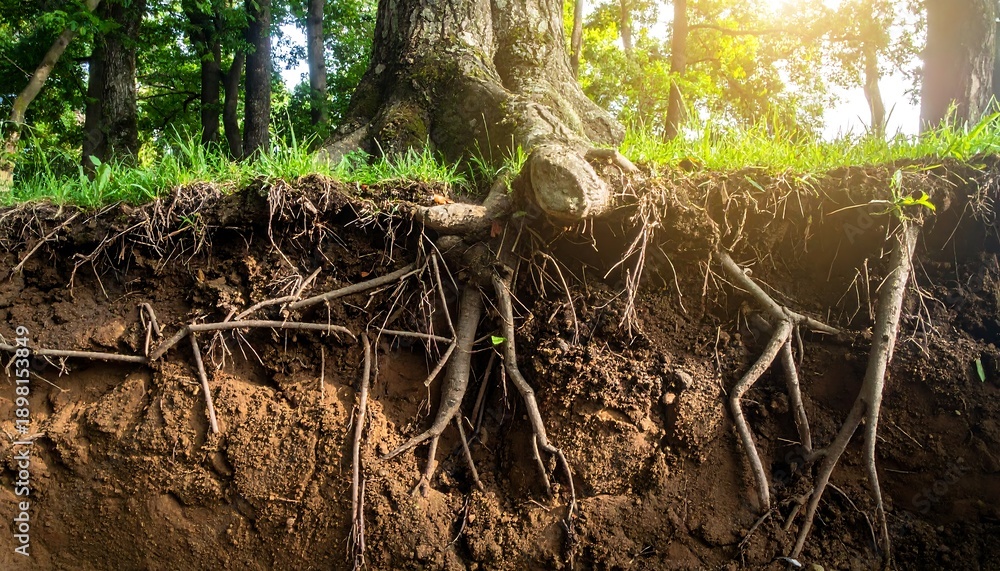 Fototapeta premium Tree Roots Exposed in Soil Cross-Section with Sunlight.