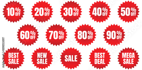 Eye catching red discount sale stickers with varying percentage offers from 10 to 90 off plus best deal mega new sale