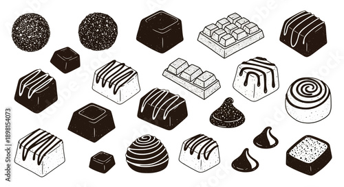 A collection of various chocolate candies and truffles in an outline drawing style.