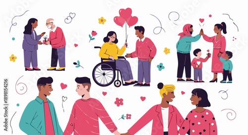 Vector illustration set of a business team and diverse family group including men, woman, and children showing happiness and social connection through communication and community teamwork