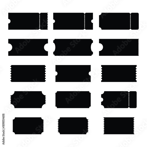 Collection of blank black ticket silhouettes with perforated edges and torn sides, isolated on white background, concept for invitation or entry