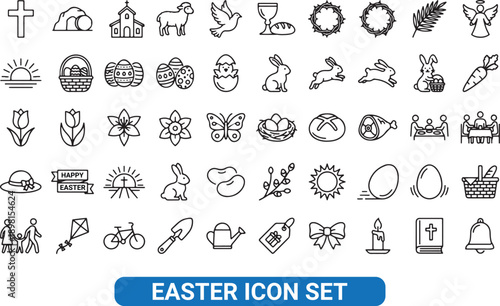 Set of 45 outline icons related to easter. Linear icon collection. Editable stroke. Vector illustration