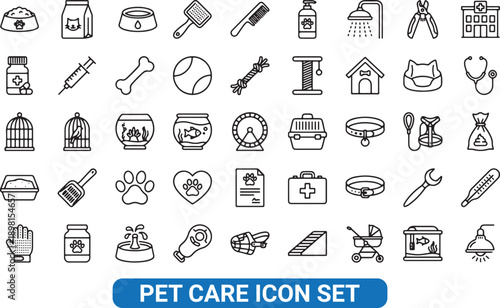 Set of 45 outline icons related to pet care. Linear icon collection. Editable stroke. Vector illustration