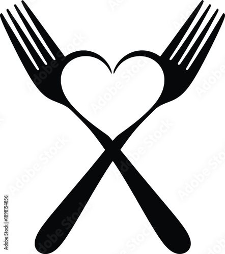 Two crossed forks forming a heart shape symbolizing love for food