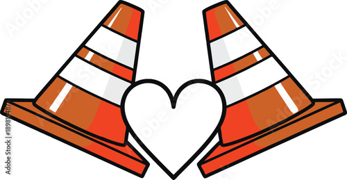 Two orange traffic cones with a heart shape in the middle