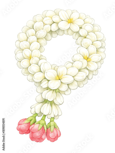 Thai Jasmine Garland (Phuang Malai), Minimal Watercolor Icon, Isolated