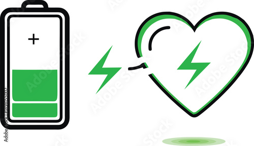 A green battery icon with a lightning bolt and a heart symbol.