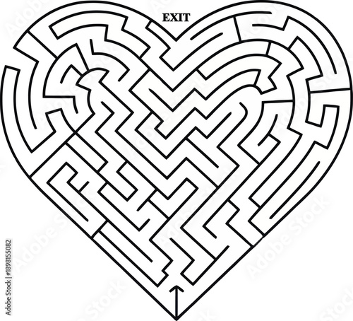 Intricate maze designed in the shape of a heart, challenging and visually appealing.