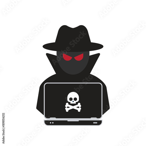 Hacker at laptop icon. Flat illustration of hacker at laptop vector icon for web design	