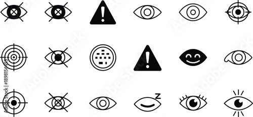 Eye icons, vision symbols, alert graphics, awareness signs, sleeping eye, smiling eye, target icon, exclamation triangle, UI elements, line art