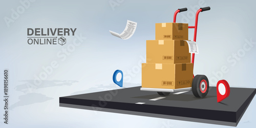Online delivery concept with hand truck and stacked cardboard boxes on road, logistics and ecommerce shipping illustration, courier service and location tracking, 3D illustration