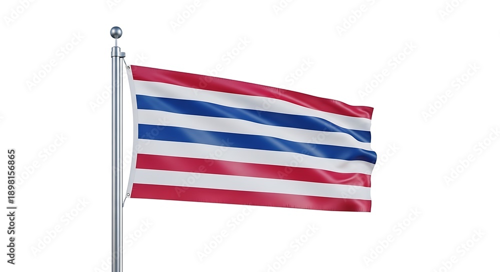 Fototapeta premium The flag of Thailand waving gently on a silver flagpole against a Transparent Background