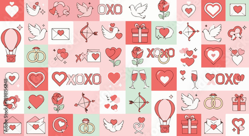 Hand drawn alphabet letters set featuring a seamless flower and heart pattern vector illustration for a pink baby holiday gift decoration