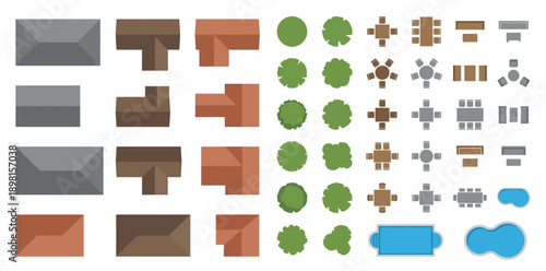 Artisan 2D Architectural Site Plan Symbol Set featuring Top-Down View L-Shaped and T-Shaped House Roofs, Garden Trees, Swimming Pools, and Outdoor Patio Furniture for Professional Landscape and Reside