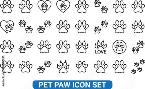Pet paw icon set. Heart with dog, cat pet footprint. Paw print sign and symbol. Transparent png and vector illustration