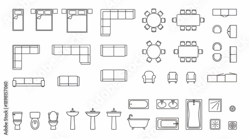 Minimalist 2D Architectural Furniture Symbol Set featuring Technical Line Art Icons for Residential Interior Space Planning and Floor Plan Drafting