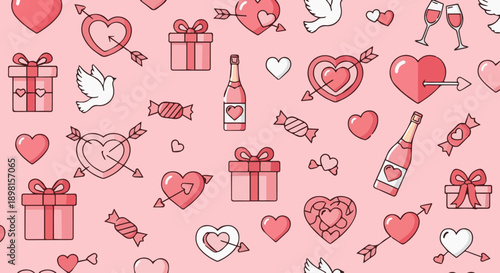 Seamless pink vector pattern set with vintage flowers and hearts for Valentine's Day wedding cards and baby fashion gift decoration