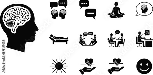 Mental health icons, therapy symbols, brain care, emotional wellness, counseling graphic, mindfulness pose, support session, healthcare icon, line art, awareness