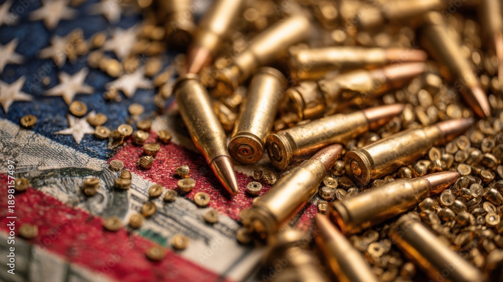 Fototapeta premium Bullets and flag: ammunition on american flag background reflecting symbolism and controversy.