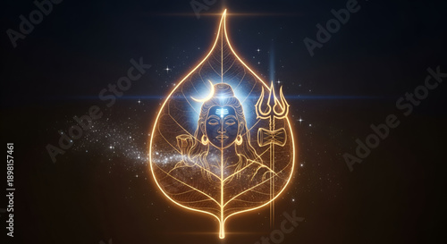 Shiva maha shivaratri sacred leaf art with golden divine outline cosmic meditation hindu god spiritual festival background devotion culture