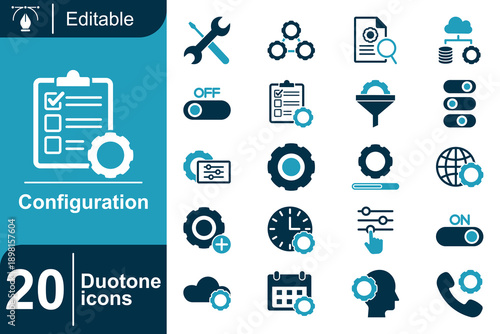 Configuration and Settings icons set, representing control, options, management, and technical adjustments for software and systems