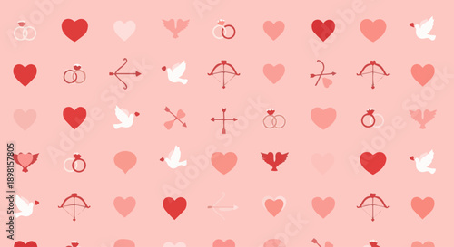 Seamless vector pattern illustration featuring red and pink romantic heart shapes on a decorative wallpaper texture for Valentine's Day celebration and wedding card design