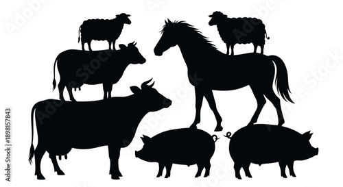 A bold black silhouette illustration of farm and wild animals including horses, cows, sheep, and goats, representing agriculture, livestock, rural life, and animal diversity; ideal for educational con