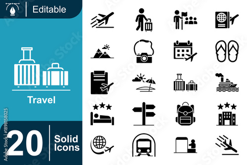 Travel Icons Collection Representing Journey, Leisure, and Exploration with Diverse Symbols for Destinations and Activities