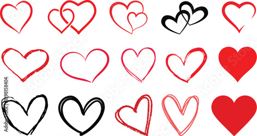 Heart icon set with different shapes.Set red shape heart icon, vector set heart shape, lovers on Valentines day.Heart doodles set. Hand drawn hearts collection. Romance and love illustrations.
