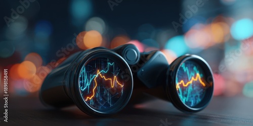 The Binoculars Revealing Digital Stock Charts and Market Trends Against Blurred City Lights