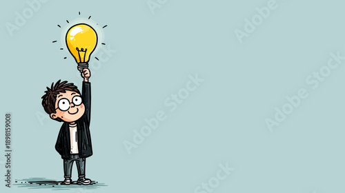 Cute cartoon boy with glasses smiling, holding a glowing light bulb, symbolizing a bright idea, creativity, and inspiration.