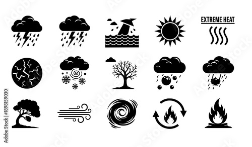 Climate and weather disaster silhouette icon set vector