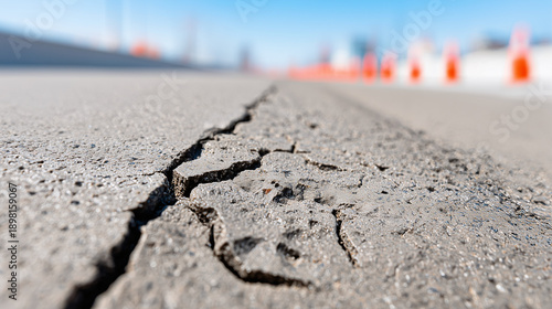 Small urban pavement with focus on a deep longitudinal crack in the surface, texture of surface failure.