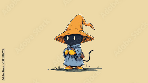 Cute cartoon fantasy wizard character illustration with a mysterious dark figure, pointed orange hat, and blue cloak standing on grass