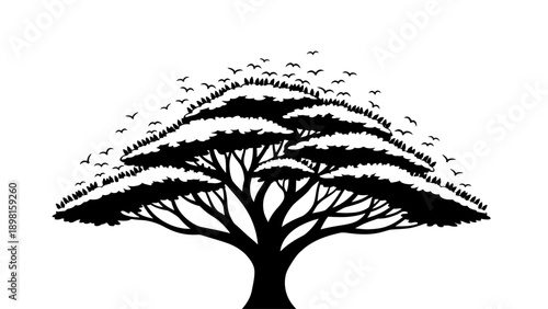 Majestic wide canopy tree silhouette with a flock of birds forming its upper shape, isolated on a white background