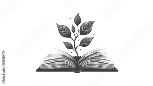 Symbolic grayscale illustration: Plant growing from an open book, representing learning, personal development, and wisdom.
