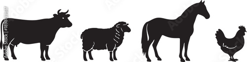 Four farm animal silhouettes cow, sheep, horse, chicken