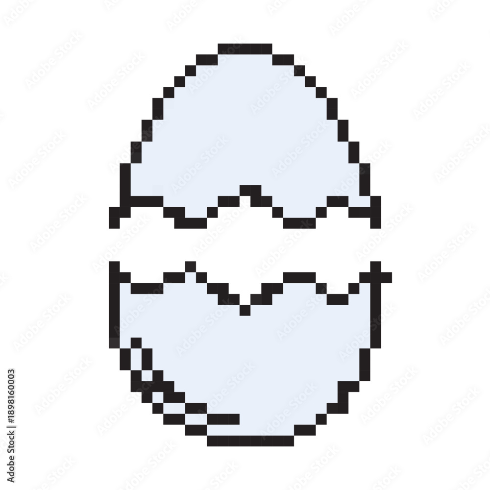 Obraz premium Pixel Art Cracked Easter Egg Icon Description: Pixel art cracked Easter egg icon. Retro 8-bit style broken eggshell with blue fill. Digital game asset isolated on white background.